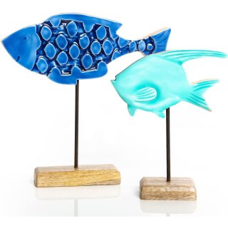 Fische Figuren Set - 2 Maritime Dekofiguren blau türkis aus Holz