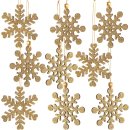 9 goldfarbene Schneeflocken Holzanh&auml;nger - &Oslash; 7,5 cm zum Aufh&auml;ngen