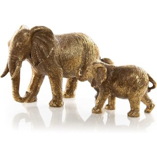 2 Elefanten Figuren - Elefantenfamilie Mama mit Baby goldfarben
