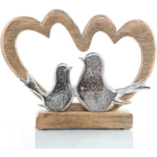 Dekofigur 2 Herzen + Tauben Herzfigur aus Holz & Metall 
