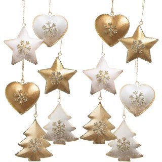 12 Weihnachtsbaumanhänger Sterne Herzen Bäume - gold weiß 5 cm