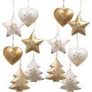 12 Weihnachtsbaumanhänger Sterne Herzen Bäume - gold weiß 5 cm