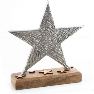 Stern Figur Silber braun auf Holzsockel - Metallstern 21 cm