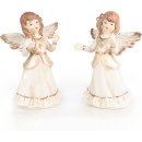 2 Engel Figuren - beige cremefarben mit Kerze & Taube