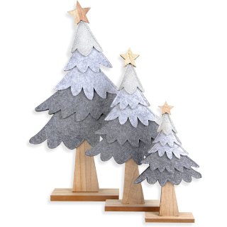 3 großes Weihnachtsdeko Set - Weihnachtsbaum Figuren aus Holz & Filz grau