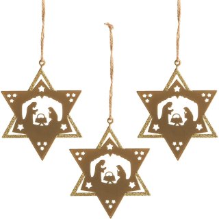 3 Metallanhänger Sterne mit Krippe Gold glitzernd - 9 cm aus Metall