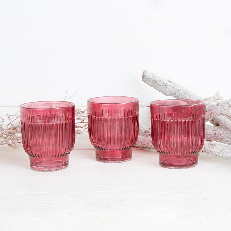6 Teelichthalter aus Glas mit x Rillen 7 cm 8 - pink rosa