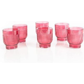 6 Teelichthalter aus Glas mit Rillen - rosa pink 7 x 8 cm 