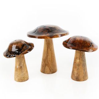 3 Pilz Figuren braun aus Holz emailliert Herbstdeko 13-18 cm