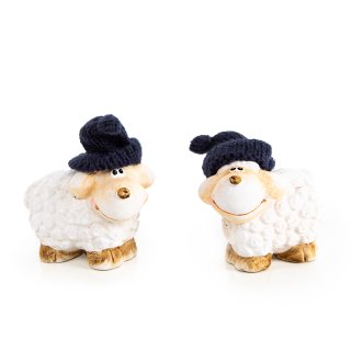 2 lustige Schafe mit Wollmütze 8 cm Keramik Osterdeko