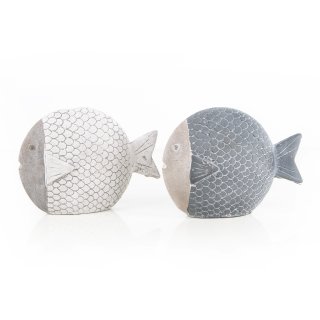 Set 2 Fische Figuren aus Zement grau weiß Maritim 19,5 cm