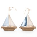 2 Segelboot Figuren aus Holz & Leinen braun blau 17x13cm