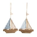 2 Segelboot Figuren aus Holz & Leinen braun blau 17x13cm