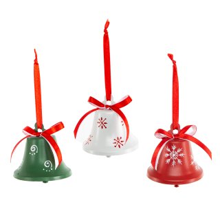 3 Nostalgie Weihnachtsanhänger Glöckchen Metall rot weiß grün