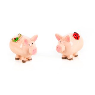 2 rosa Glücksschweine mit Hufeisen & Marienkäfer Prüfung 5 cm