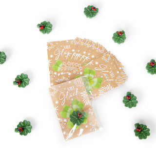 10 grüne Kleeblätter mit "Viel Glück" Karte kleines Geschenk
