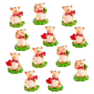 12 kleine Glücksschweine 2,5 cm auf Kleeblatt grün rot Mini