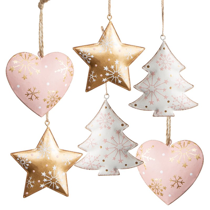 6 rosa Metallanhänger weiß Herz Stern Weihnachtsbaum Gold 9cm