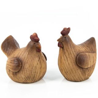2 Hühner Dekofiguren Hahn Henne Holz-Optik braun Ostern Tischdeko 9 cm