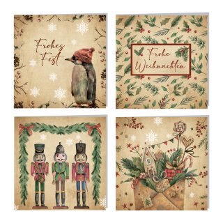 4 Weihnachtskarten Set mit Kuvert braun beige vintage  14,8 x 14,8 cm