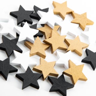 24 kleine Holz Sterne Mini schwarz Gold weiß 2,5 cm Tischdeko Weihnachtssterne