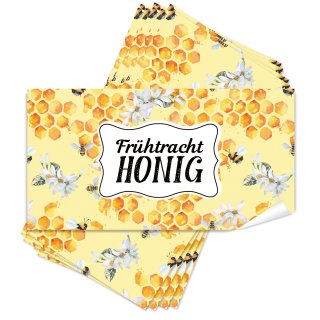 25 Frühtracht Honig Etiketten 10 x 5 cm Frühtrachthonig gelb mit Bienenwaben-Motiv