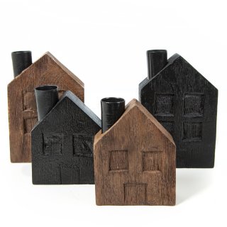 4 Häuser Kerzenhalter für Stabkerzen Holz braun schwarz modern Weihnachten