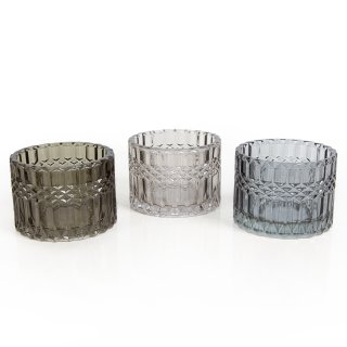 3 Teelichthalter aus Glas grau schwarz transparent Teelichtgläser Deko 9 cm