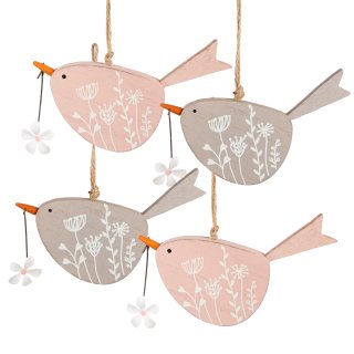 4 Vogel Anhänger aus Holz Frühlingsdeko Vögel rosa grau 14 cm