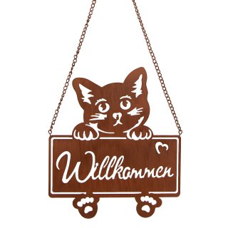 Katze Willkommensschild aus Metall rost braun Türkranz für Katzenbesitzer 20 x 22 cm