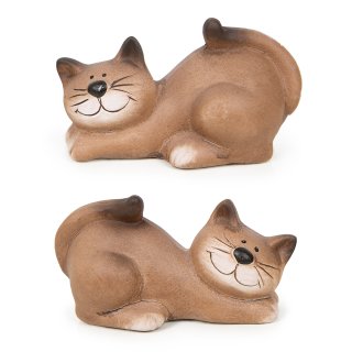 2 Deko Katzen beige braun aus Keramik Katzenfiguren liegend Geschenkidee 11 cm