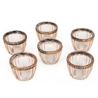 6 kleine Teelichthalter aus Glas mit Metall-Rand antik-Gold transparent 6 x 5 cm