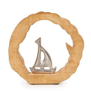 Segelboot Dekofigur mit Holz-Rahmen Segelschiff Figur Meer Deko Ø 15 cm
