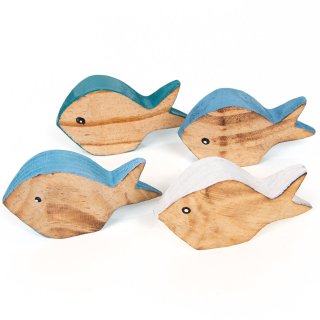 4 kleine Holzfische - Fischschwarm aus Holz 4 Farben weiß 9,5 cm