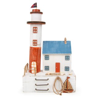 Strandhaus mit Leuchtturm als Deko in blau weiß und rot 17 x 30 x 8 cm